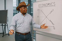Greg teaching an Economics course.